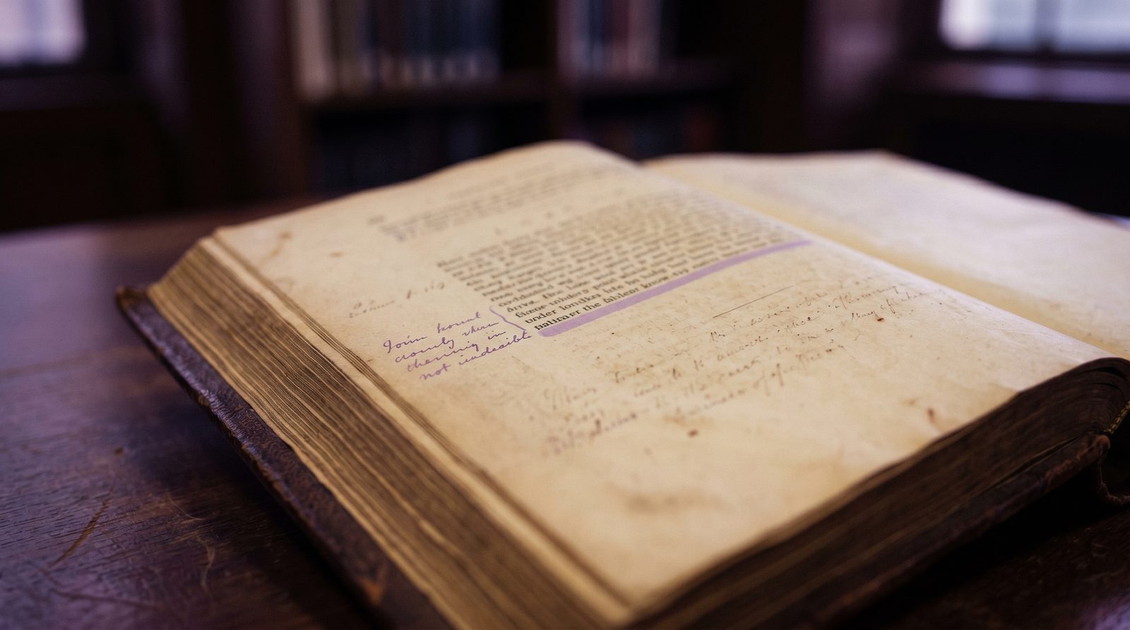 An old book lying open on a desk in dusk light, in front of library shelves. One line on the right page is marked in lavender, with a handwritten note in the margin.